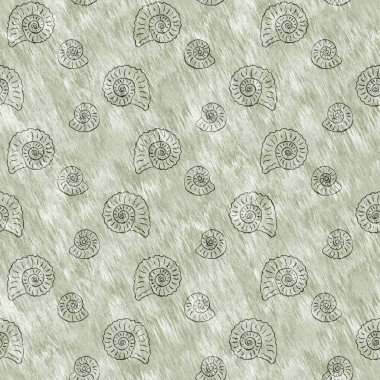 Yeşil el, ammonit fosilini dikişsiz desen olarak çizdi. Cinsiyet Tarafsız Jurasik siluet. Müze, neslin tükenmesi ve tekstil tasarımı için ev dekorasyonu. 