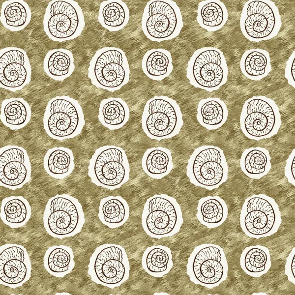 녹색 손으로 그린 암모니아, 솔기없는 화석 패턴. 핵종 쥬라기 실루엣. 박물관, 멸종 및 직물 설계를 위한 가정 장식. — 스톡 사진