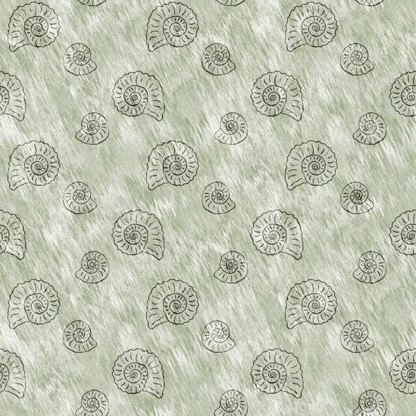 Yeşil el, ammonit fosilini dikişsiz desen olarak çizdi. Cinsiyet Tarafsız Jurasik siluet. Müze, neslin tükenmesi ve tekstil tasarımı için ev dekorasyonu. 
