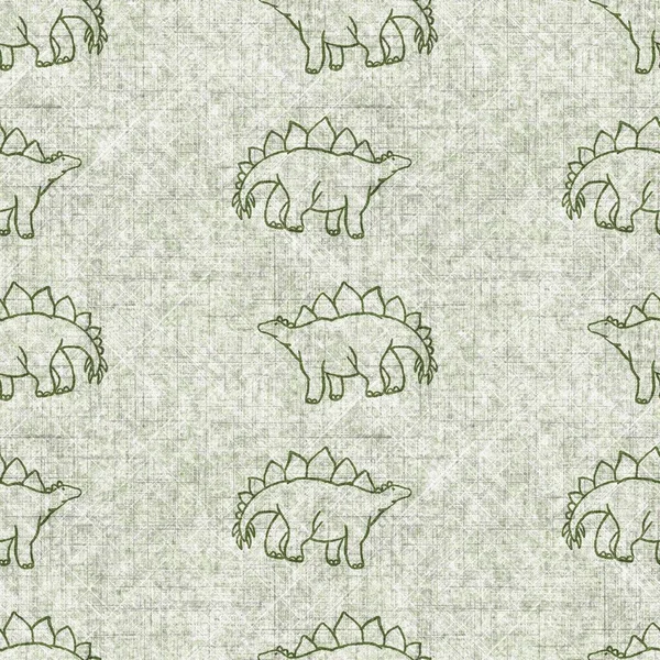 Stegosaurus dinosaur extinct seamless linen style pattern. Organic natural tone on tone fossil design for throw pillow, soft furnishing. Modern green ancient monster home decor. — Zdjęcie stockowe