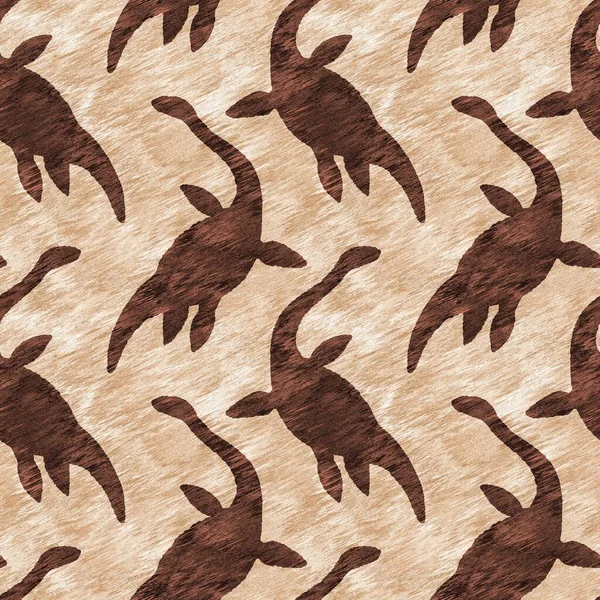 Brown hand drawn plesiosaur dinosaur seamless pattern. Gender Neutral Jurassic fossil silhouette for baby nursery. Gender neutral home decor for museum, extinction and textile design. — Stockfoto