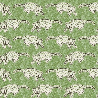 Bebek odası dekorasyonu için şirin safari leoparı vahşi hayvan deseni. Kusursuz kürksüz yeşil desenli cinsiyet nötr iz tasarımı. 