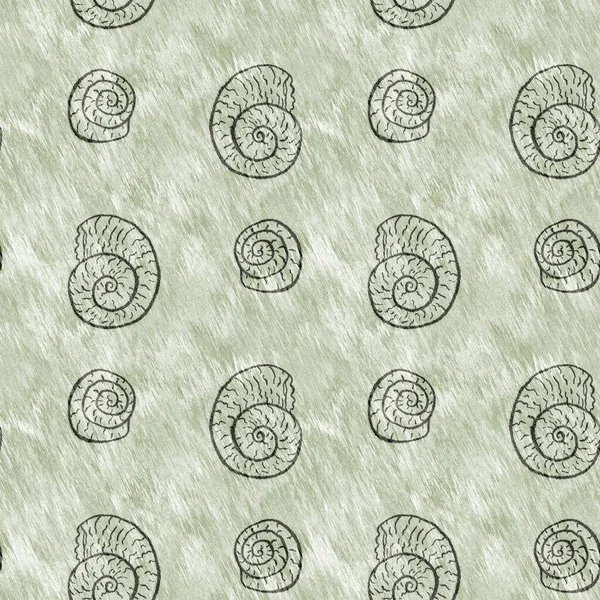 Yeşil el, ammonit fosilini dikişsiz desen olarak çizdi. Cinsiyet Tarafsız Jurasik siluet. Müze, neslin tükenmesi ve tekstil tasarımı için ev dekorasyonu. 