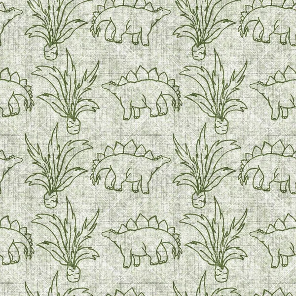 Stegosaurus dinosaur extinct seamless linen style pattern. Organic natural tone on tone fossil design for throw pillow, soft furnishing. Modern green ancient monster home decor.