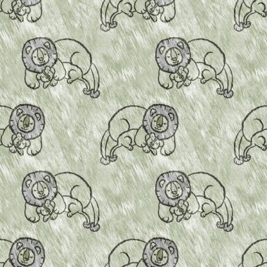 Bebek odası dekorasyonu için şirin bir safari aslanı deseni. Kusursuz kürksüz yeşil desenli cinsiyet nötr iz tasarımı. 