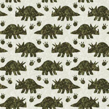 Yeşil el triceratops dinozor deseni çizdi. Bebek yuvası için cinsiyet Nötr Jurasik fosil silueti. Müze, nesli tükenme ve tekstil tasarımı için cinsiyet ayrımı yapılmamış ev dekorasyonu. 