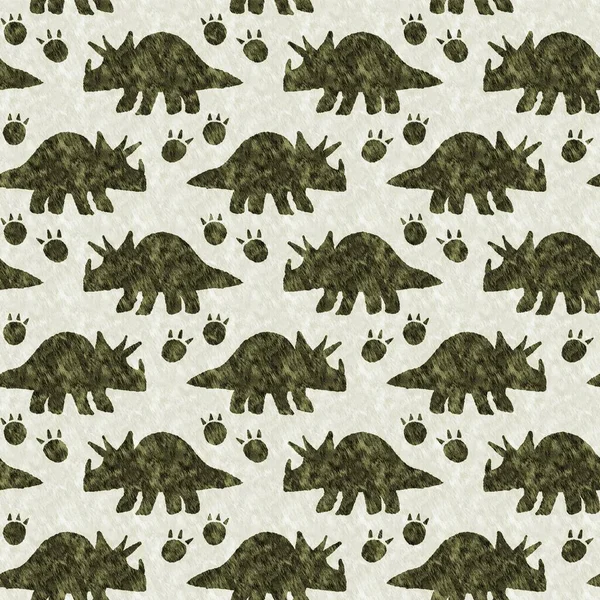 Green hand drawn triceratops dinosaur seamless pattern. Gender Neutral Jurassic fossil silhouette for baby nursery. Gender neutral home decor for museum, extinction and textile design. — Fotografia de Stock