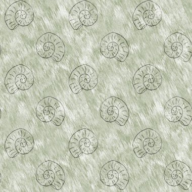 Yeşil el, ammonit fosilini dikişsiz desen olarak çizdi. Cinsiyet Tarafsız Jurasik siluet. Müze, neslin tükenmesi ve tekstil tasarımı için ev dekorasyonu. 