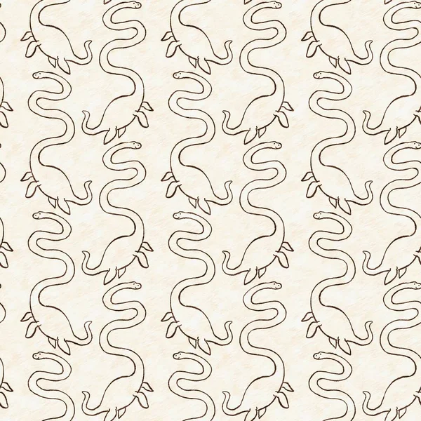 Hand drawn plesiosaurus dinosaur seamless pattern. Gender Neutral Jurassic fossil silhouette. Home decor for museum, excintion and textile design. — Stock Photo, Image