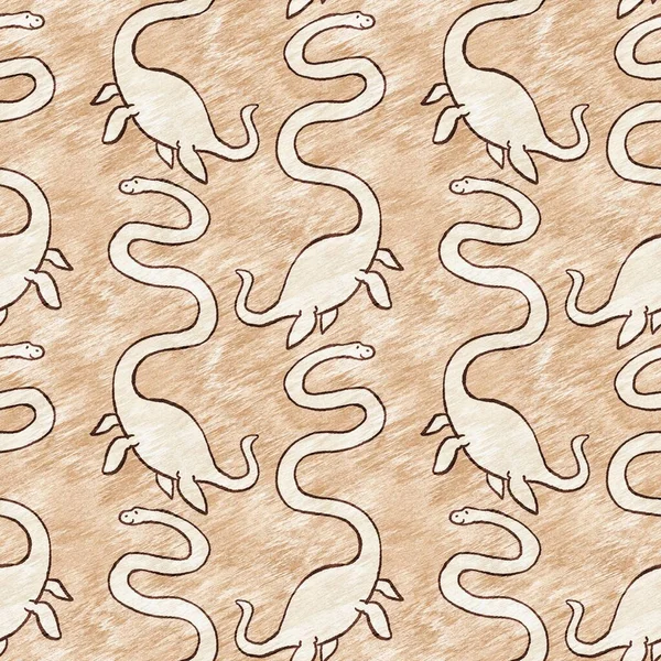 Brown hand drawn plesiosaur dinosaur seamless pattern. Gender Neutral Jurassic fossil silhouette for baby nursery. Gender neutral home decor for museum, extinction and textile design. — 스톡 사진