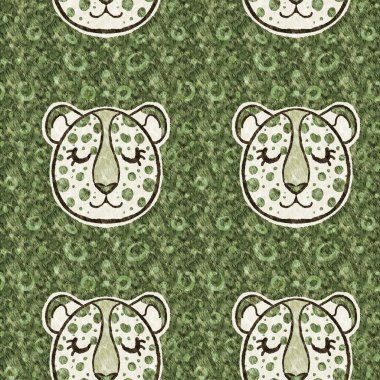 Bebek odası dekorasyonu için şirin safari leoparı vahşi hayvan deseni. Kusursuz kürksüz yeşil desenli cinsiyet nötr iz tasarımı. 