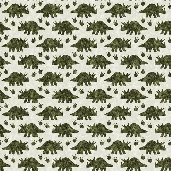 Green hand drawn triceratops dinosaur seamless pattern. Gender Neutral Jurassic fossil silhouette for baby nursery. Gender neutral home decor for museum, extinction and textile design. — Stock Photo, Image