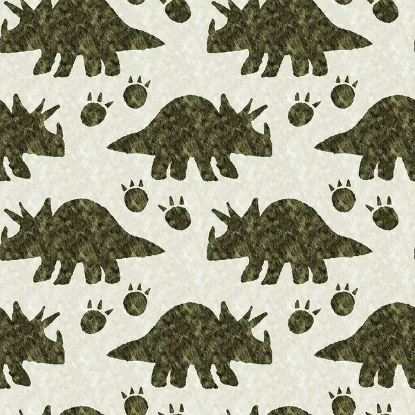 Green hand drawn triceratops dinosaur seamless pattern. Gender Neutral Jurassic fossil silhouette for baby nursery. Gender neutral home decor for museum, extinction and textile design. — Foto de Stock