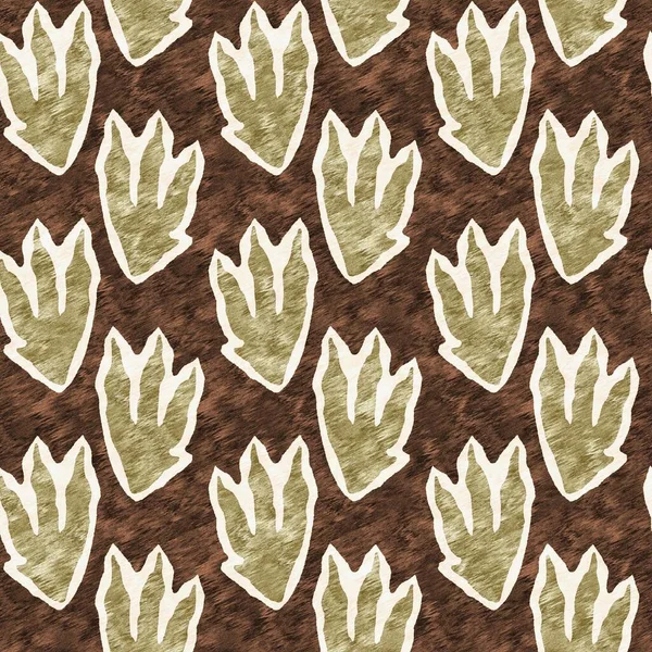 Braune, handgezeichnete Dinosaurier-Fußabdrücke mit nahtlosem Muster. Geschlechtsneutrale fossile Silhouette aus dem Jura für die Kinderstube. Wohnkultur für Museum, Artensterben und Textildesign. — Stockfoto