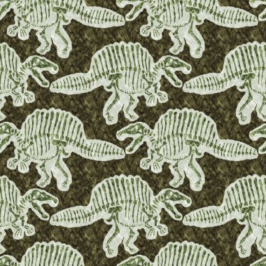 Yeşil el, Spinosaurus fosil kemikleri çizdi dinozor dikişsiz deseni. Bebek odası için cinsiyet olarak Tarafsız Jurasik siluet. Müze, neslin tükenmesi ve tekstil tasarımı için ev dekorasyonu. 