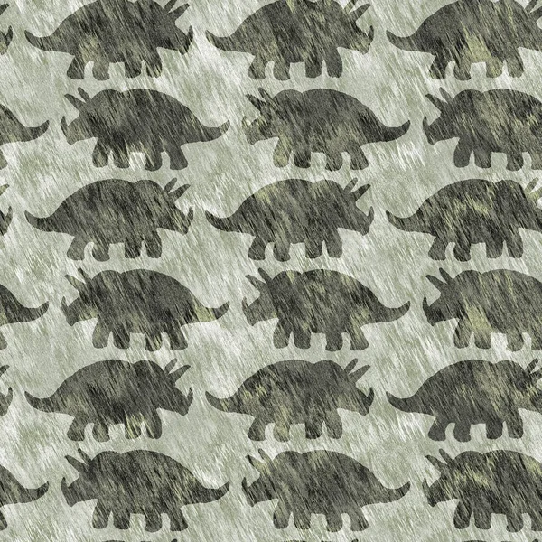 Green hand drawn triceratops dinosaur seamless pattern. Gender Neutral Jurassic fossil silhouette for baby nursery. Gender neutral home decor for museum, extinction and textile design. — Stockfoto