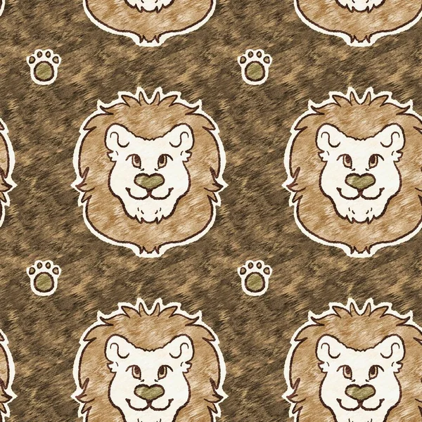 Leuke safari leeuw wild dier patroon voor baby 's kamer decor. Naadloze harige bruine textuur grote kat geslacht neutrale print ontwerp. — Stockfoto