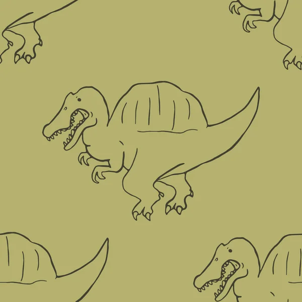 Hand drawn spinosaurus dinosaur fossil seamless vector pattern. Gender Neutral Jurassic silhouette for baby nursery. Home decor for museum, extinction and textile design. — ストックベクタ