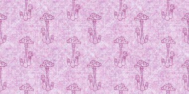 Mantar pembesi kumaş dokusu kenarı etkisi. Kanvas sonbahar kurdelesi için kusursuz örülmüş orman mantarı dekoratif baskısı.