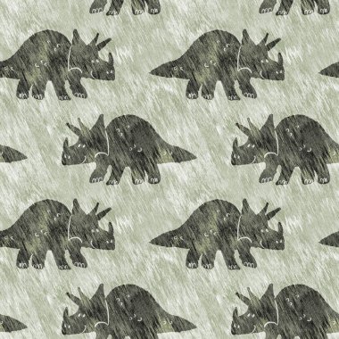 Yeşil el triceratops dinozor deseni çizdi. Bebek yuvası için cinsiyet Nötr Jurasik fosil silueti. Müze, nesli tükenme ve tekstil tasarımı için cinsiyet ayrımı yapılmamış ev dekorasyonu. 