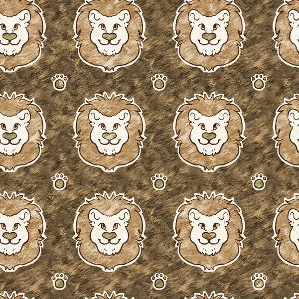 Χαριτωμένο σαφάρι λιοντάρι άγρια ζώων μοτίβο για μωρά διακόσμηση δωματίου. Απρόσκοπτη γούνινη καφέ υφή μεγάλο γάτο ουδέτερο σχέδιο εκτύπωσης. — Φωτογραφία Αρχείου