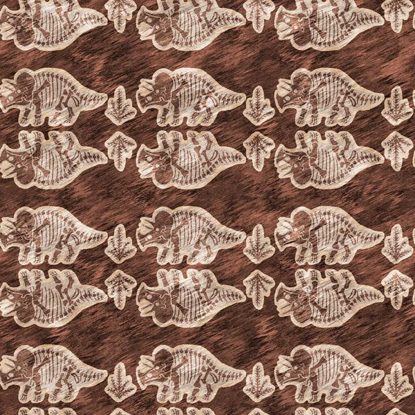 Brown hand drawn triceratops dinosaur seamless pattern. Gender Neutral Jurassic fossil silhouette for baby nursery. Gender neutral home decor for museum, extinction and textile design. — стоковое фото