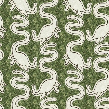 Yeşil el plesiosaur dinazorunu kusursuz şekilde çizdi. Bebek yuvası için cinsiyet Nötr Jurasik fosil silueti. Müze, nesli tükenme ve tekstil tasarımı için cinsiyet ayrımı yapılmamış ev dekorasyonu. 