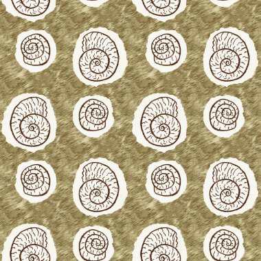 Yeşil el, ammonit fosilini dikişsiz desen olarak çizdi. Cinsiyet Tarafsız Jurasik siluet. Müze, neslin tükenmesi ve tekstil tasarımı için ev dekorasyonu. 