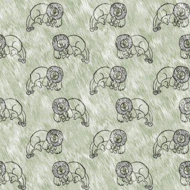 Bebek odası dekorasyonu için şirin bir safari aslanı deseni. Kusursuz kürksüz yeşil desenli cinsiyet nötr iz tasarımı. 