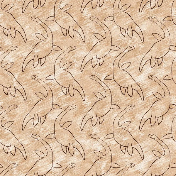 Brązowa ręka narysowana plezjozaur bez szwu wzór dinozaura. Neutralna pod względem płci jurajska skamieniałość dla dziecięcego przedszkola. Neutralny pod względem płci wystrój wnętrz do muzeów, wymierania i projektowania tekstyliów. — Zdjęcie stockowe
