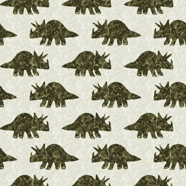 Green hand drawn triceratops dinosaur seamless pattern. Gender Neutral Jurassic fossil silhouette for baby nursery. Gender neutral home decor for museum, extinction and textile design. — Stock Photo, Image