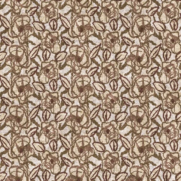 Floral bloom seamless hand drawn linen style pattern. Organic flower natural tone on tone design for throw pillow, soft furnishing. Modern sepia home decor. — Stock Photo, Image