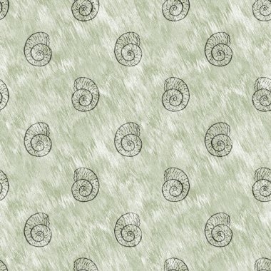 Yeşil el, ammonit fosilini dikişsiz desen olarak çizdi. Cinsiyet Tarafsız Jurasik siluet. Müze, neslin tükenmesi ve tekstil tasarımı için ev dekorasyonu. 