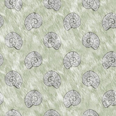 Yeşil el, ammonit fosilini dikişsiz desen olarak çizdi. Cinsiyet Tarafsız Jurasik siluet. Müze, neslin tükenmesi ve tekstil tasarımı için ev dekorasyonu. 