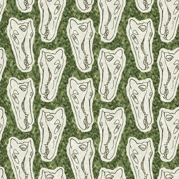 Green hand drawn Spinosaurus fossil bones dinosaur seamless pattern. Gender Neutral Jurassic silhouette for baby nursery. Home decor for museum, extinction and textile design. — Fotografia de Stock