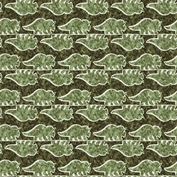 Green hand drawn triceratops dinosaur seamless pattern. Gender Neutral Jurassic fossil silhouette for baby nursery. Gender neutral home decor for museum, extinction and textile design.