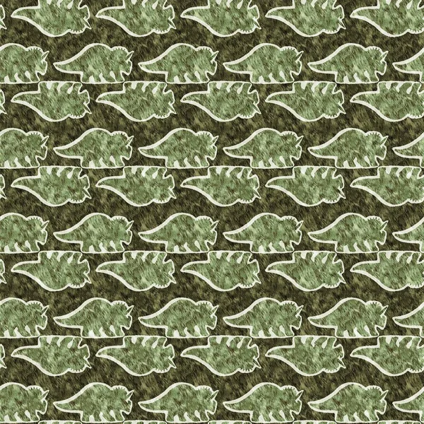 Green hand drawn triceratops dinosaur seamless pattern. Gender Neutral Jurassic fossil silhouette for baby nursery. Gender neutral home decor for museum, extinction and textile design. — Stockfoto