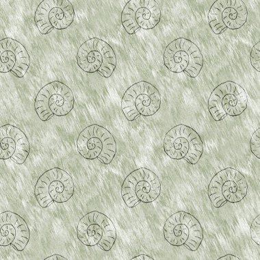 Yeşil el, ammonit fosilini dikişsiz desen olarak çizdi. Cinsiyet Tarafsız Jurasik siluet. Müze, neslin tükenmesi ve tekstil tasarımı için ev dekorasyonu. 