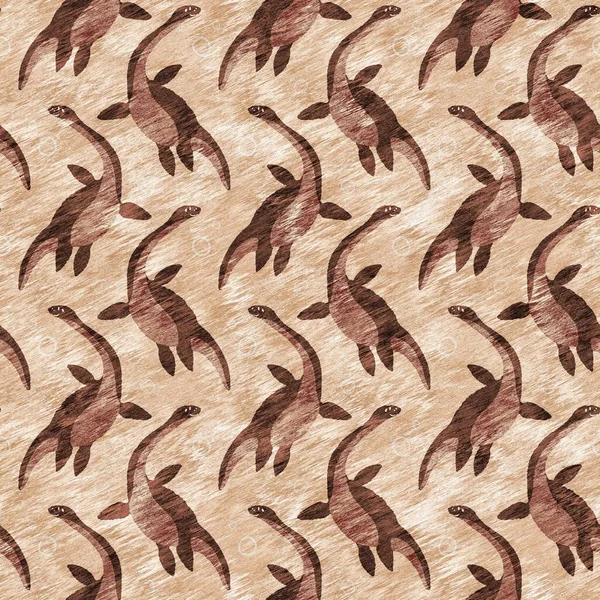 Καφέ χέρι ζωγραφισμένα plesiosaur δεινόσαυρος αδιάλειπτη μοτίβο. Ουδέτερη Ιουρασική σιλουέτα απολιθωμάτων για βρεφικό σταθμό. Φύλο ουδέτερη διακόσμηση σπιτιού για μουσείο, εξαφάνιση και σχεδιασμό υφασμάτων. — Φωτογραφία Αρχείου
