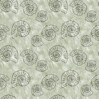Yeşil el, ammonit fosilini dikişsiz desen olarak çizdi. Cinsiyet Tarafsız Jurasik siluet. Müze, neslin tükenmesi ve tekstil tasarımı için ev dekorasyonu. 