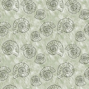 Yeşil el, ammonit fosilini dikişsiz desen olarak çizdi. Cinsiyet Tarafsız Jurasik siluet. Müze, neslin tükenmesi ve tekstil tasarımı için ev dekorasyonu. 
