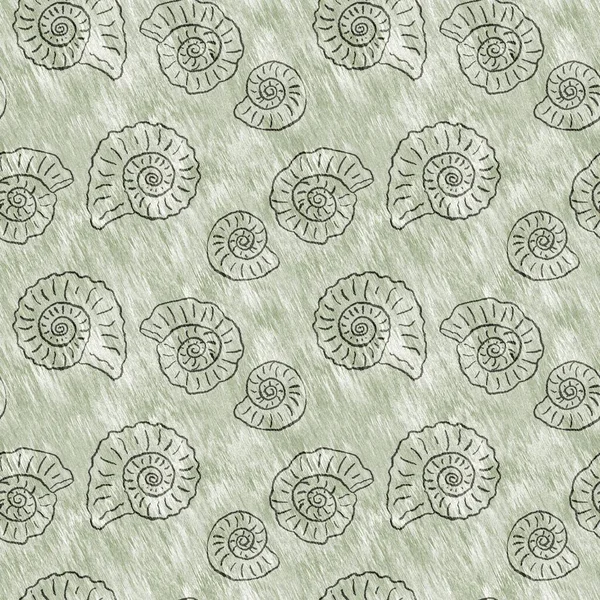 Yeşil el, ammonit fosilini dikişsiz desen olarak çizdi. Cinsiyet Tarafsız Jurasik siluet. Müze, neslin tükenmesi ve tekstil tasarımı için ev dekorasyonu. 