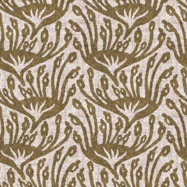 Sepia nötr botanik yaprak dikişsiz keten deseni. Yastık fırlatmak ve mobilya yapmak için organik doğal ton yeşilliği tasarımı. Modern bej kahverengi nötr ev dekorasyonu tekstil kumaşı.