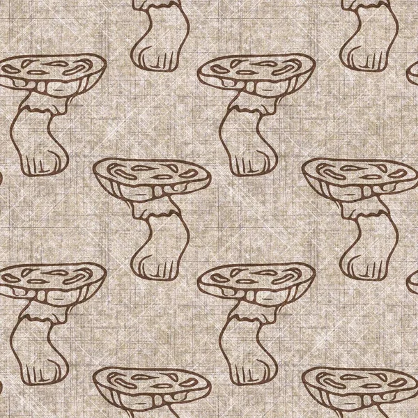 Mushroom seamless hand drawn linen style pattern. Organic fungi natural tone on tone design for throw pillow, soft furnishing. Modern sepia woodland home decor. — Stock Photo, Image