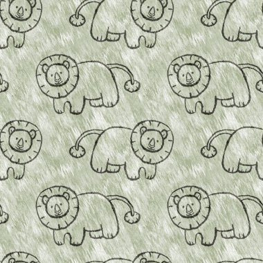 Bebek odası dekorasyonu için şirin bir safari aslanı deseni. Kusursuz kürksüz yeşil desenli cinsiyet nötr iz tasarımı. 