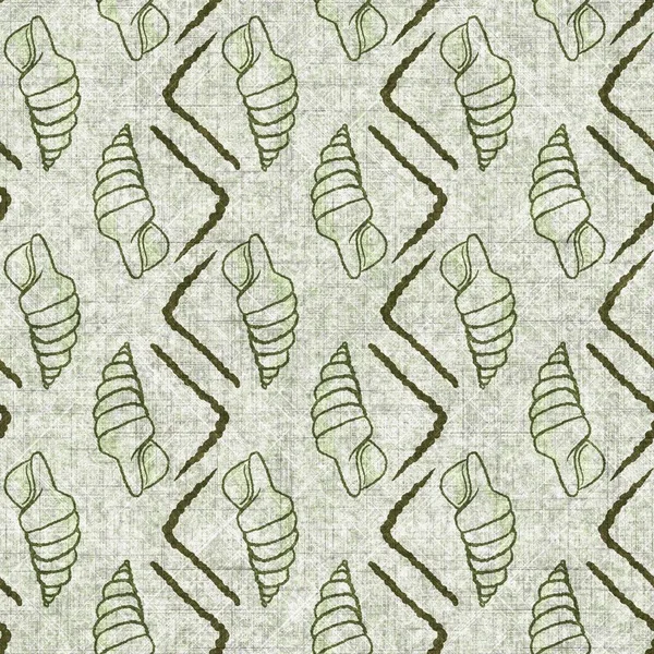 Seashell seamless hand drawn linen style pattern. Organic marine life natural tone on tone design for throw pillow, soft furnishing. Modern green coastal ocean home decor. — Photo