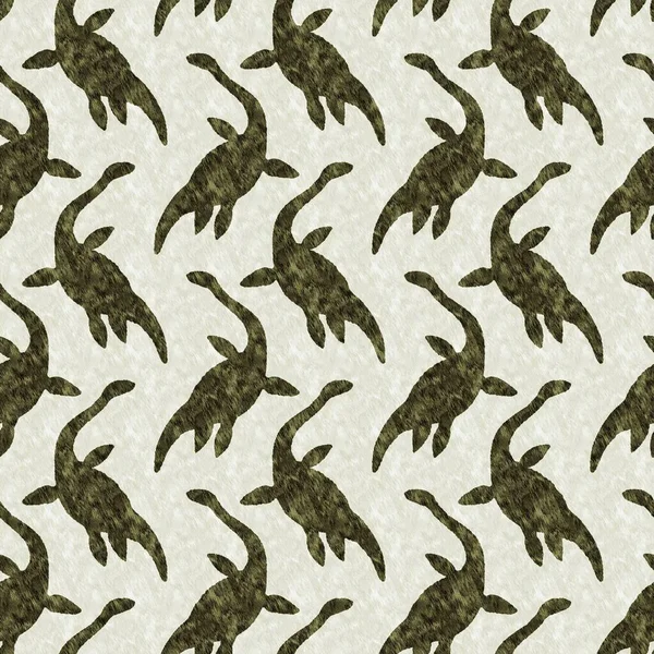 Green hand drawn plesiosaur dinosaur seamless pattern. Gender Neutral Jurassic fossil silhouette for baby nursery. Gender neutral home decor for museum, extinction and textile design. — Stockfoto
