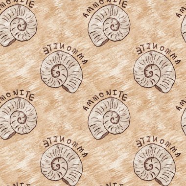 Yeşil el, ammonit fosilini dikişsiz desen olarak çizdi. Cinsiyet Tarafsız Jurasik siluet. Müze, neslin tükenmesi ve tekstil tasarımı için ev dekorasyonu. 