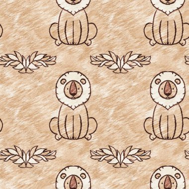 Bebek odası dekorasyonu için şirin bir safari vahşi aslan deseni. Kusursuz kürksüz kahverengi desenli cinsiyet nötr iz tasarımı. 