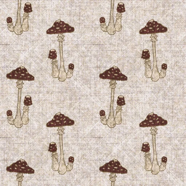 Mushroom seamless hand drawn linen style pattern. Organic fungi natural tone on tone design for throw pillow, soft furnishing. Modern sepia woodland home decor. — Foto de Stock